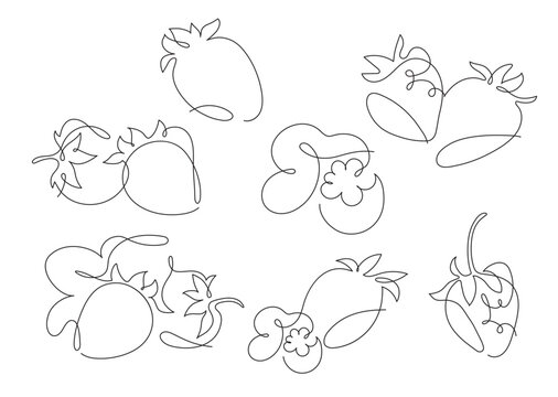 Graphic vector set of simplified strawberries in one line technique