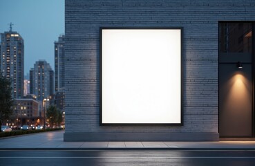 Blank white billboard on brick wall modern building at night. Cityscape backdrop, backlights, copy space for advertising poster or marketing. Empty advertising space at street.