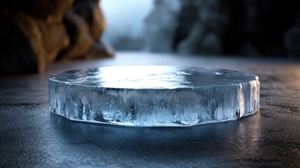 Frozen platform, icy scene, cave background, product display