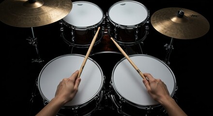 Overhead view of a drum kit with hands holding drumsticks ready to play