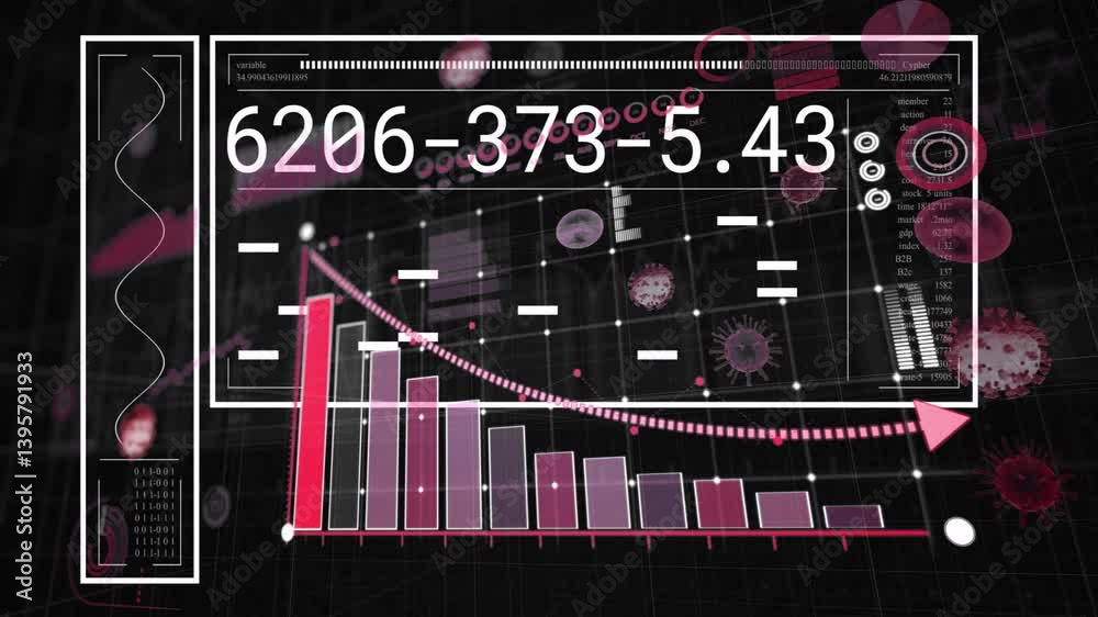 Poster animation with bar chart and line graph showing data over virus illustrations