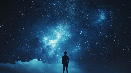 Fototapeta premium Starry night sky viewed by a person standing alone on a cloud with a vast universe above in a serene atmosphere