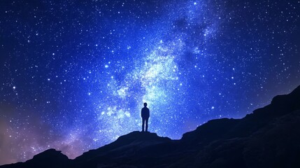 Fototapeta premium Stargazer on mountain observing the dazzling night sky filled with stars and galaxies
