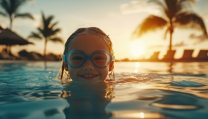 Little Girl With Goggles In Swimming Pool: Learning To Swim And Dive At Tropical Resort. Healthy Water Sport Activity For Kids. Sun Protection Included.