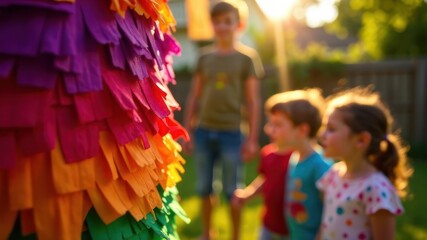 colorful pinata with children in background in sunny garden. vibrant party scene with rainbow paper details. summer gathering, outdoor festivity, birthday celebration, mexican traditions