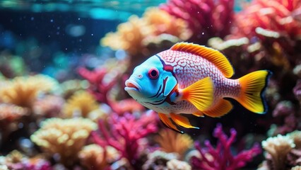 Obraz premium A vibrant, colorful fish with pink and yellow scales swims amidst coral reef.