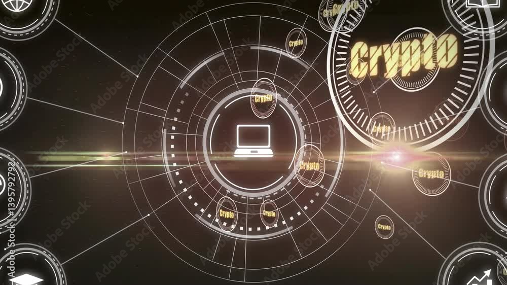 Poster crypto text and computer icon in circular design with futuristic animation