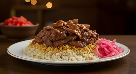Fototapeta premium Delicious Plate Of Middle Eastern Shawarma Rice With Pickled Onions