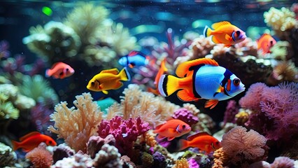 Obraz premium A vibrant, colorful fish with pink and yellow scales swims amidst coral reef.