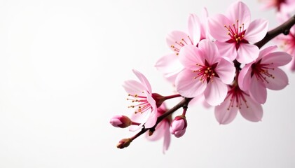 Delicate cherry blossom branches with pink petals contrasted against white backdrop, flowers, background, white