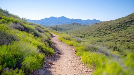 Naklejka premium Desert Trail Hiking Path Lush Vegetation Vibrant Sunlit Landscape High-resolution Panorama View Rocky Terrain Peaceful Exploration Mountain Background Warm Sunny Hues Ideal for Travel Brochures