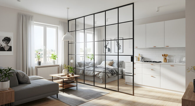Modern Studio Apartment Interior Design With Glass Partition Wall Idea