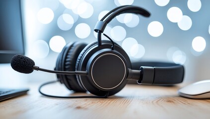 Professional headset with microphone on desk for customer support service