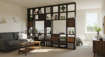 Stylish Studio Apartment Showcasing a Modular Shelving Unit Room Divider