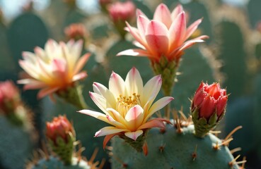 Prickly pear cactus blooming vibrant flowers. Yellow pink blossoms in bloom. Desert plant with thorns and succulent structure. Summer spring season. Close-up. Nature beauty.