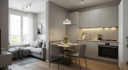 Elegant Studio Apartment Design Featuring Foldable Dining Table On Wall