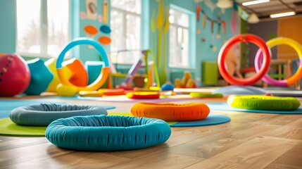 Bright and Colorful Children’s Playroom with Soft Play Equipment Background