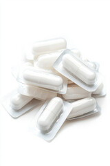 White pills or tablets stacked in a pile against white background
