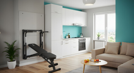 Modern Studio Apartment Interior With Foldable Wall Mounted Exercise Bench