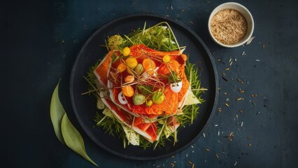 Elegant gourmet salad featuring fresh vegetables, vibrant salmon roe, and artistic garnishes on a dark plate for culinary photography