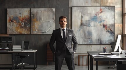 Fototapeta premium Professional man in suit standing confidently in modern office with abstract artwork on walls during daylight hours