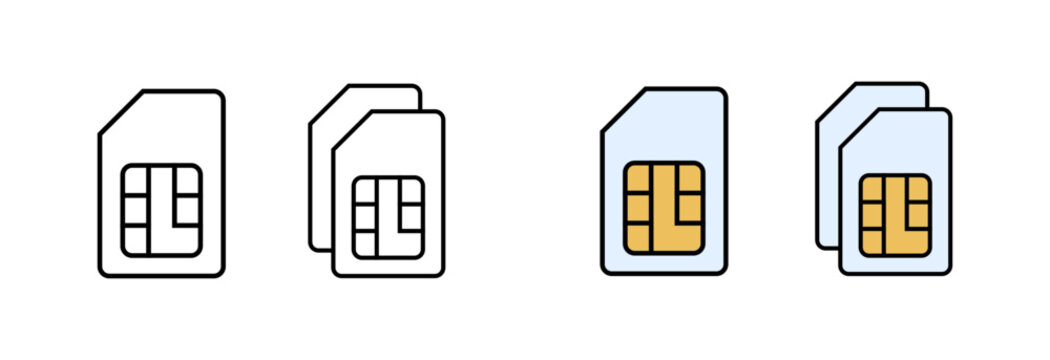 SIM card icons set in outline and solid black styles representing mobile, communication, network, storage, and cellular technology in flat vector design