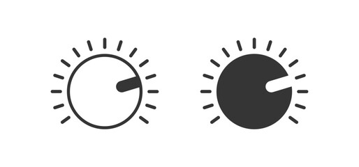 Knob Audio Control icons. Audio controller, dimmer, volume, brightness, tuning, or settings adjustment symbol. Radial ticks in flat black vector design.