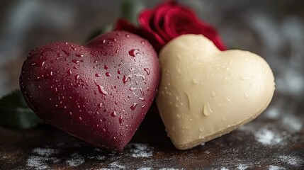 Obraz premium Heart candies glisten with dew, nestled near a rose on a textured surface