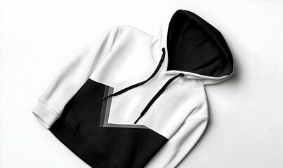 Stylish black and white hoodie laid flat on a clean surface, showcasing modern design and fabric texture
