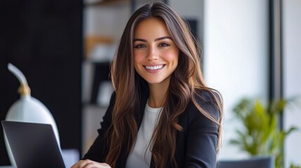 Obraz premium Smiling businesswoman working in a modern office during daytime with a laptop
