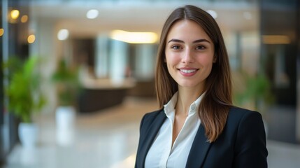 Professional woman in modern office setting smiles confidently during business hours