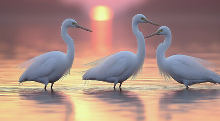 Obraz premium Cranes in the water at sunset