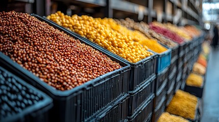 Vibrant wholesale market with colorful bulk produce displayed in large containers