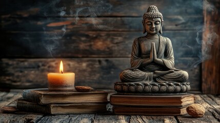 Obraz premium Buddha statue, candlelight, and ancient books