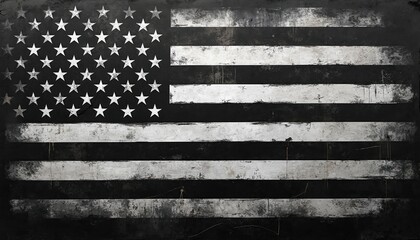 Black white USA flag with distressed look. Grunge American symbol patriotism, memorial. Vintage design for poster, banner, background, print. Celebrate independence day, fourth july, american