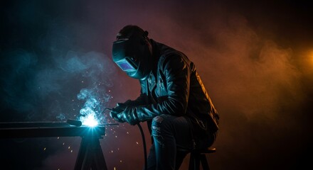 Obraz premium Industrial craftsmanship welder focused on joining materials with precision