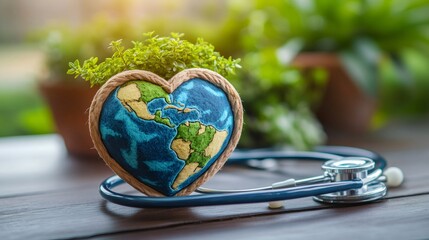 Heart shaped earth with stethoscope promoting environmental healthcare and sustainability