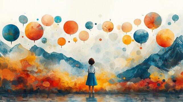 Scientific scene where researchers are observing how childrens babbling includes sounds from various languages depicted by a child playing while speech bubbles of different languages float around them