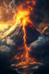 Volcano erupting with lava flowing into the sea at sunset