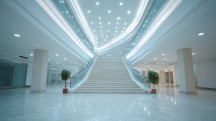 wide-angle view of sleek modern shopping mall interior with minimalist design elements and ample copy space