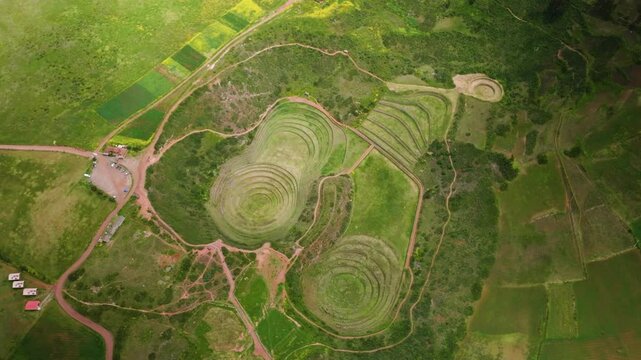Top-Down Aerial View of Moray Archaeological Site &ndash; Circular Terraces in Sacred Valley, Peru