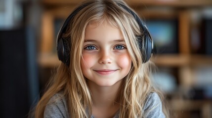 Girl listening music headphones home