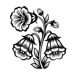 Black & White Floral Detailed Blossoms, Buds, and Leaves, Isolated Art