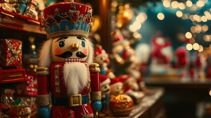 Naklejka premium A wooden Christmas nutcracker ornament stands among festive decorations