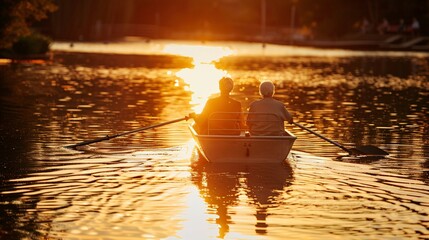 Romantic Sunset Rowboat Background with Elderly Couple on Calm Water