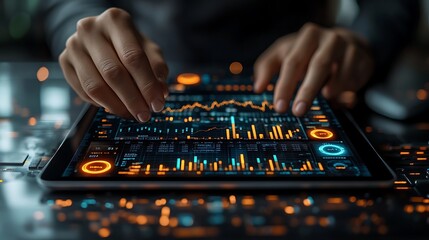 Person interacting with interactive graphs and visualizations on a digital tablet, data analysis and insights.