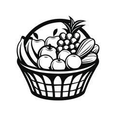 Black and White Basket with Assorted Fruits Bananas, Apples, Pineapple, Grapes Design