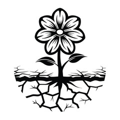 Black and White Floral Design Featuring Roots on Cracked Earth for Isolated Themes