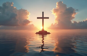 Christian cross stands sea. Sunset sky, clouds reflection in calm water. Symbol of faith, hope, peace, Christianity. Religious symbol at ocean shore. Spiritual scene for meditation.