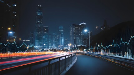 Cityscape at night with blurred light trails and superimposed financial graph.